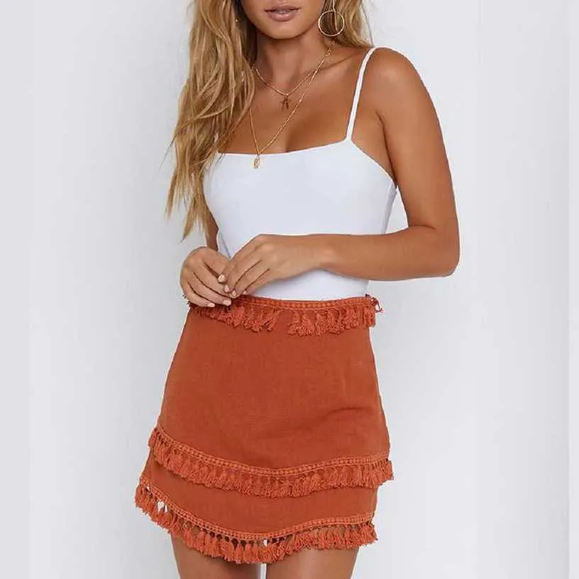 Linen Cotton Boho Chic Layered Tassels High Waist Pom Poms Mini Skirts