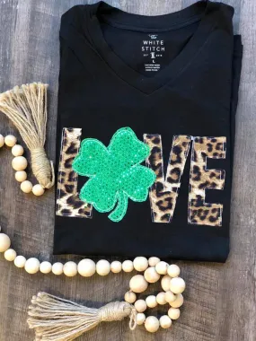 {LOVE   SHAMROCK} Leopard   Green Shamrock Appliquéd Black V-Neck Tee