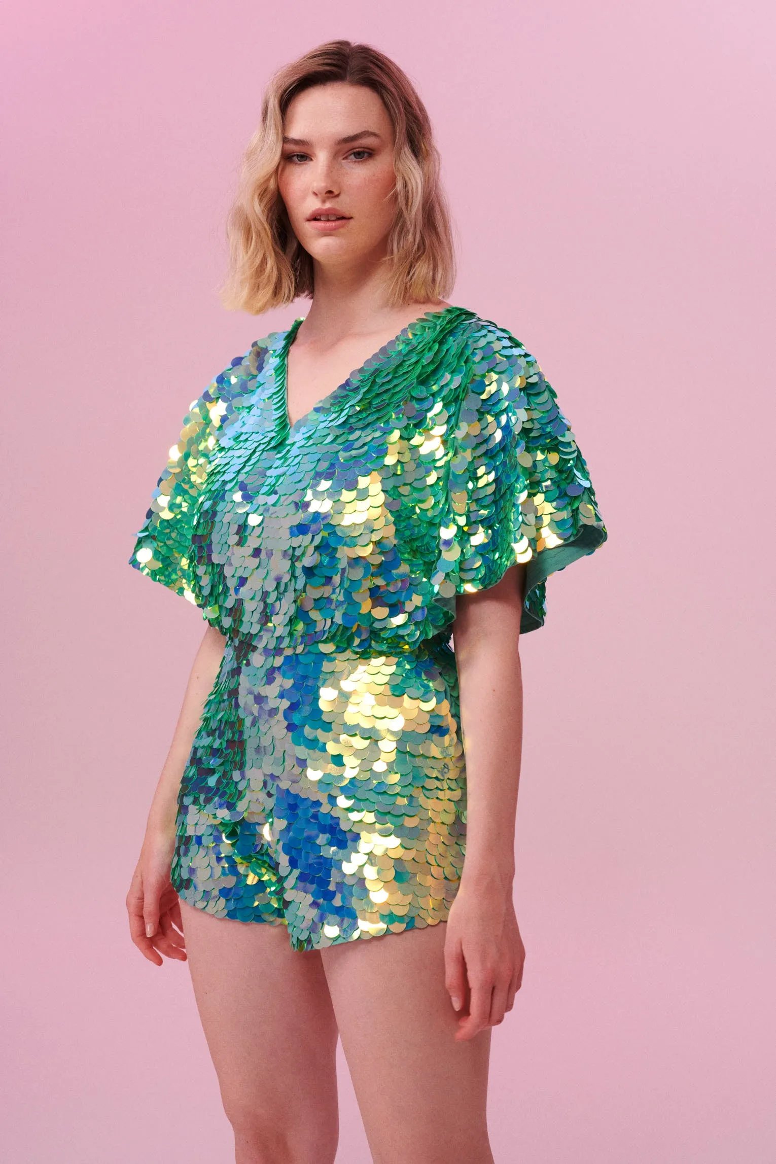 MELLA SEQUIN CAPE PLAYSUIT - CHAMELEON