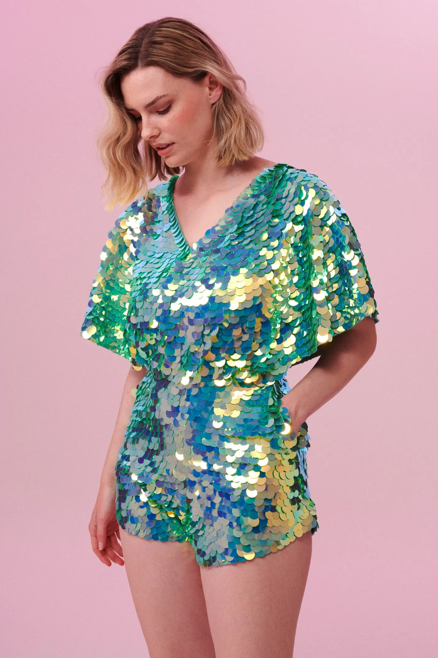 MELLA SEQUIN CAPE PLAYSUIT - CHAMELEON