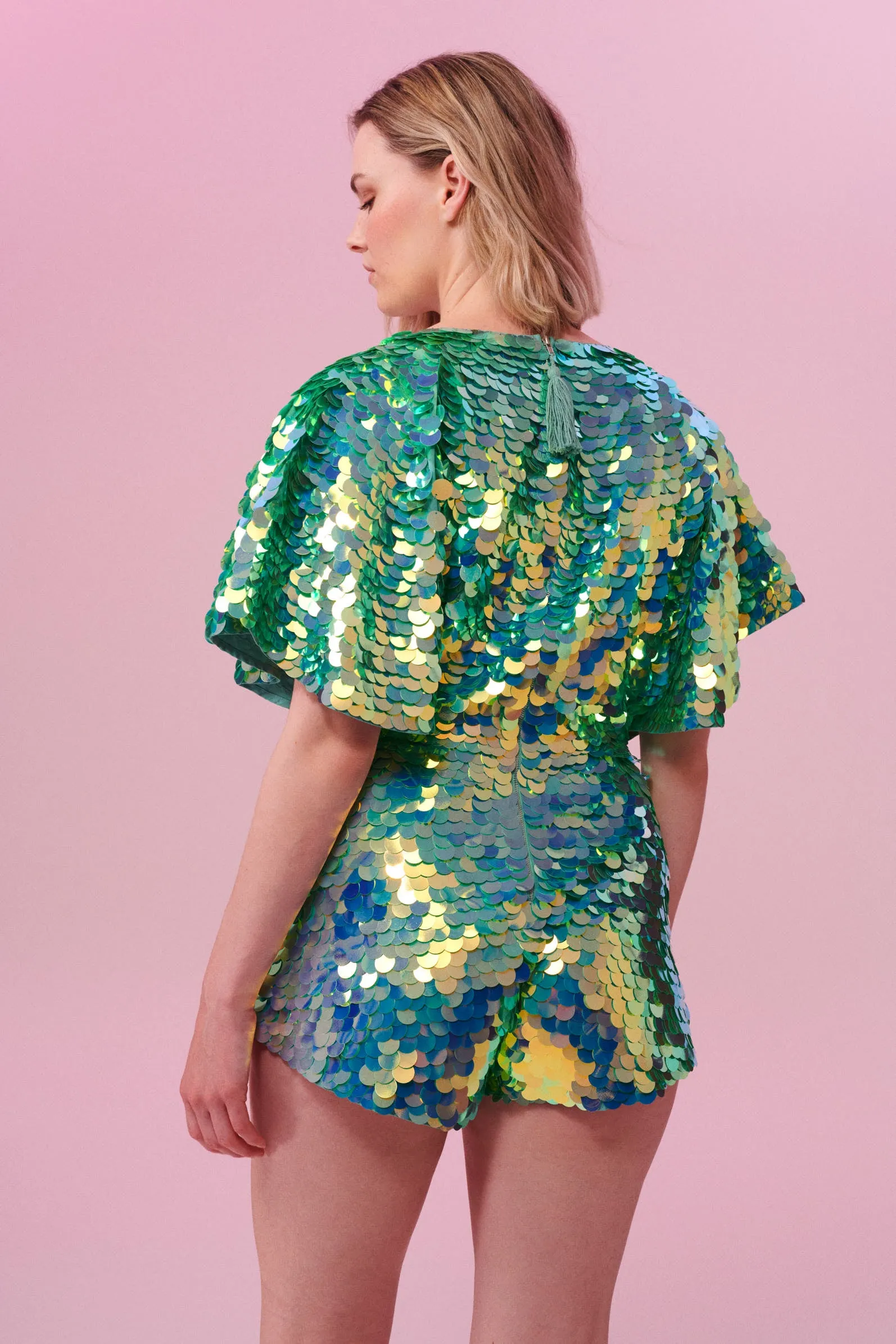 MELLA SEQUIN CAPE PLAYSUIT - CHAMELEON