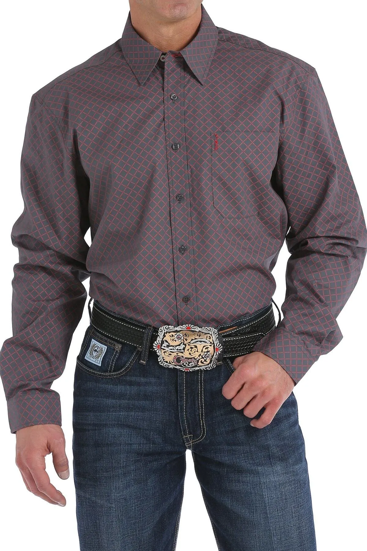 Men's Cinch Modern Fit Charcoal and Red Diamond Print Shirt