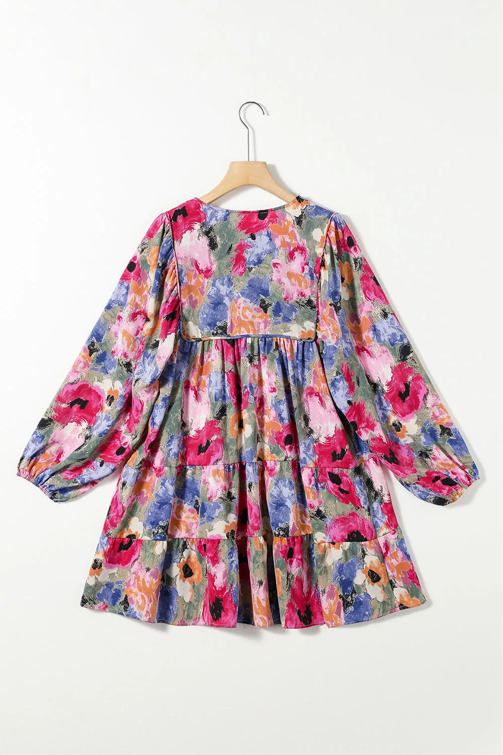 Multicolour Floral Tie Neck Bubble Sleeve Shift Dress