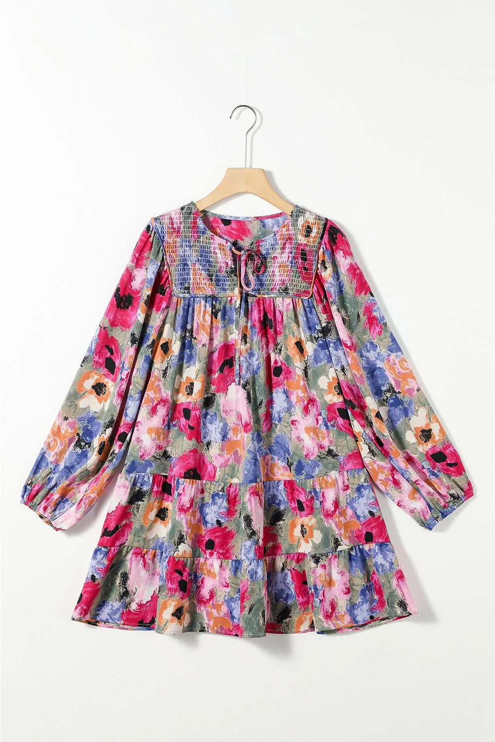 Multicolour Floral Tie Neck Bubble Sleeve Shift Dress