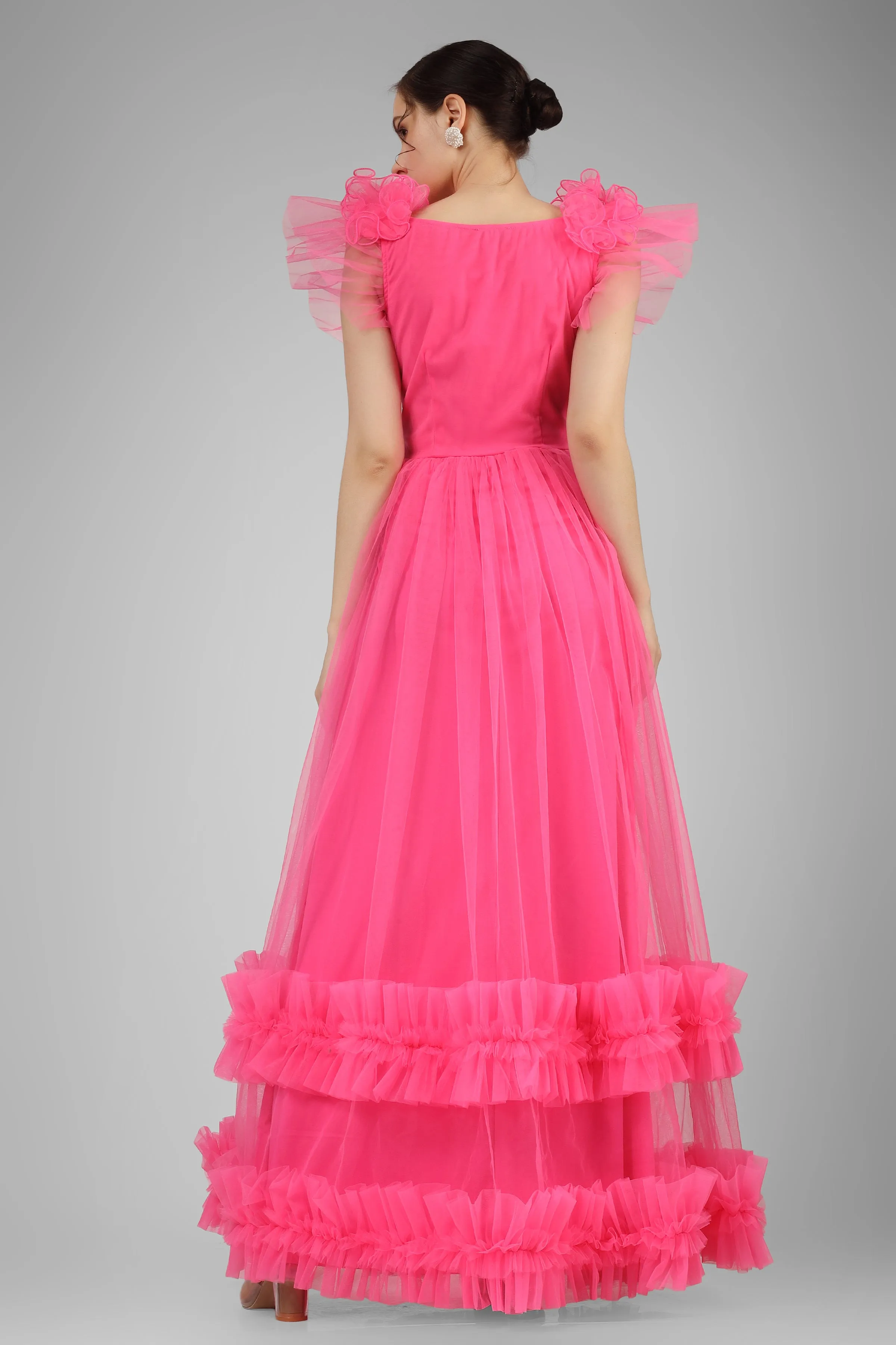 Nova Pink Tulle Corsage Maxi Dress