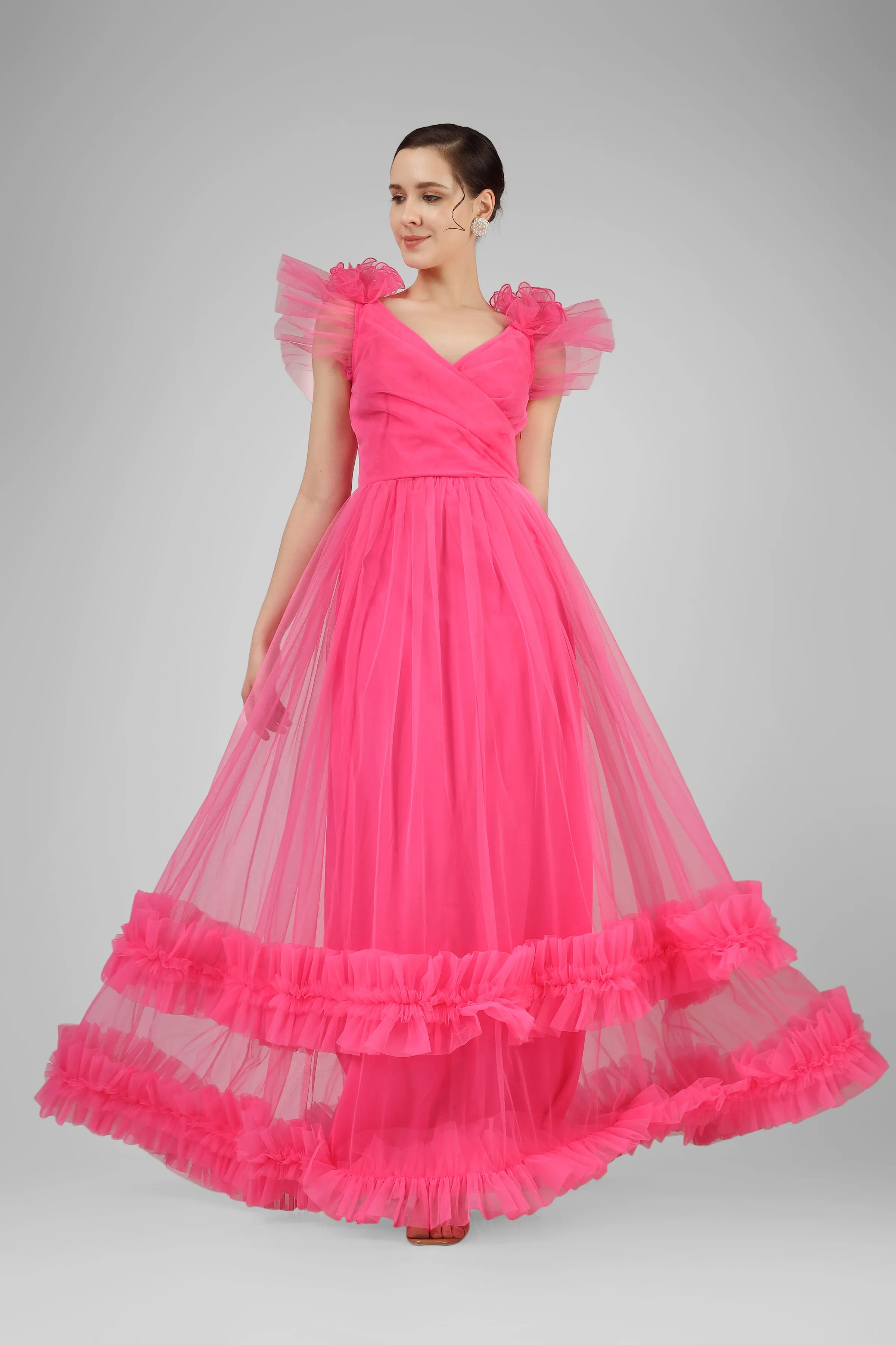 Nova Pink Tulle Corsage Maxi Dress