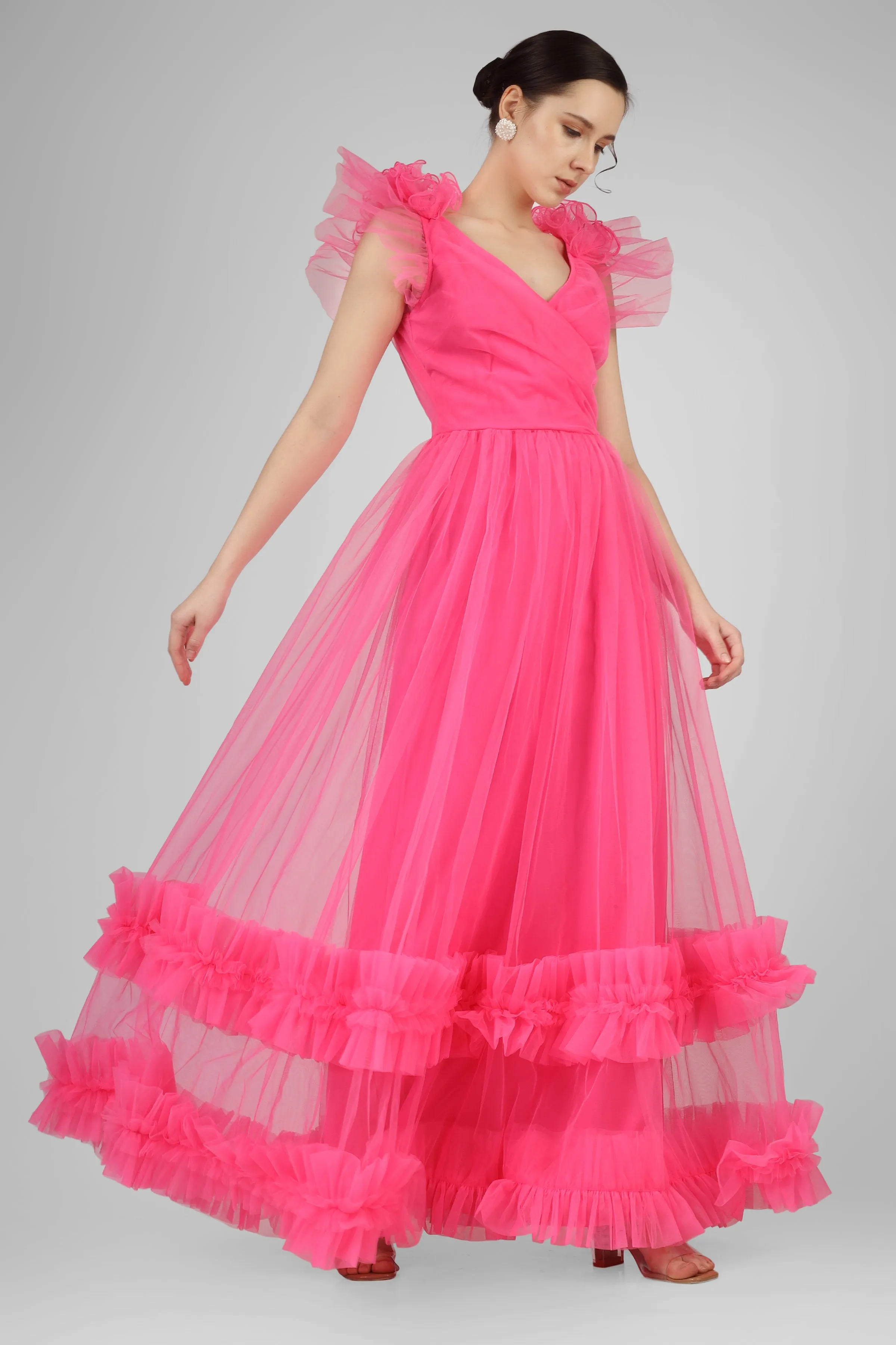 Nova Pink Tulle Corsage Maxi Dress