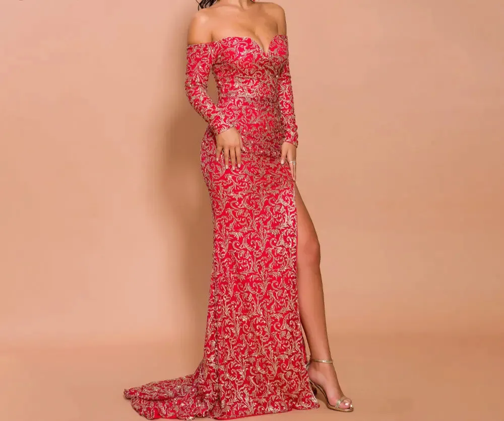 Off Shoulder Long Sleeve Elegant Maxi Dress