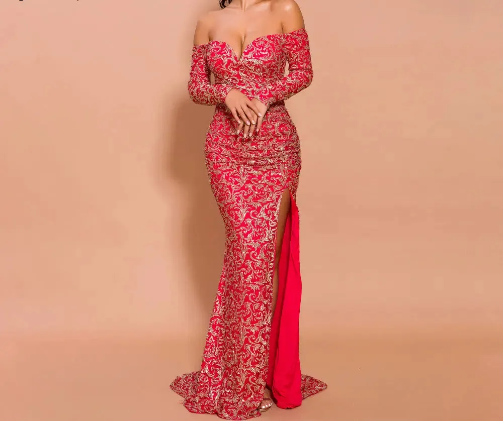 Off Shoulder Long Sleeve Elegant Maxi Dress