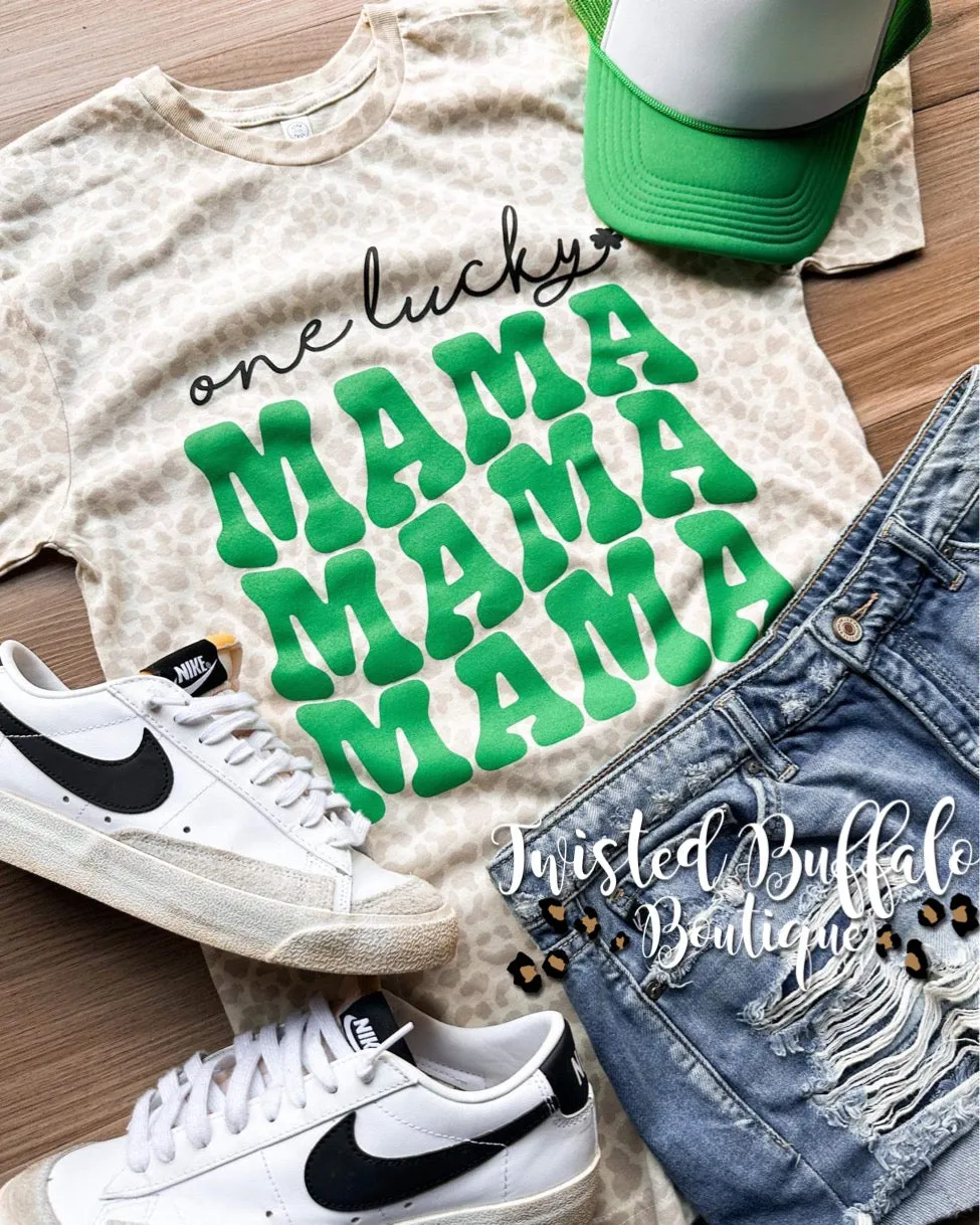 {ONE LUCKY MAMA} Green Natural Leopard Crew Neck Tee