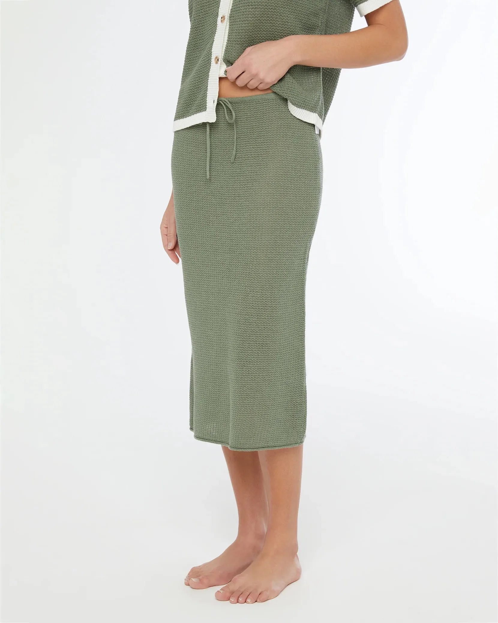 Onia Linen Knit Low Rise Midi Skirt Sea Spray