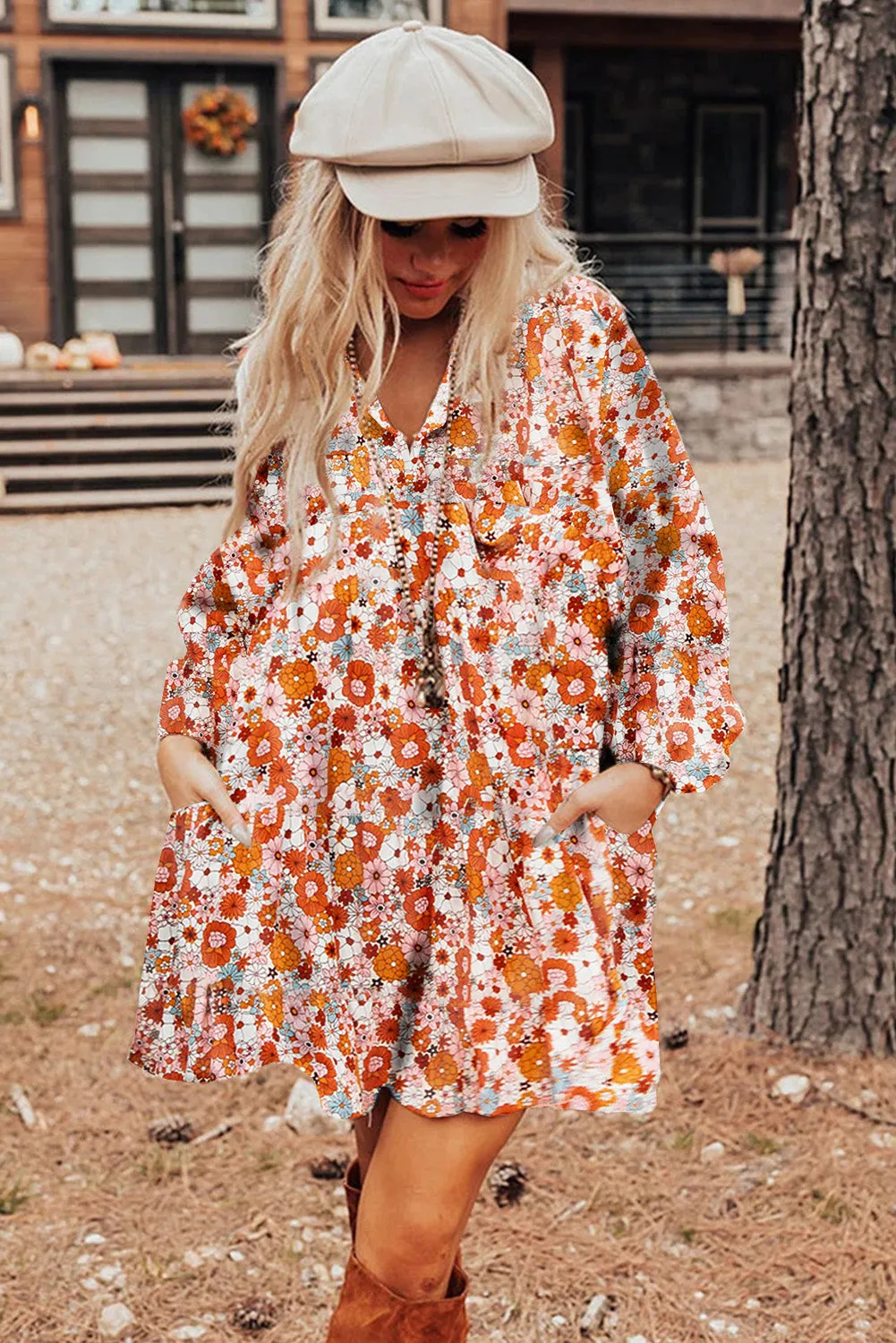 Orange Printed Split Neck Floral Pocketed Shift Dress