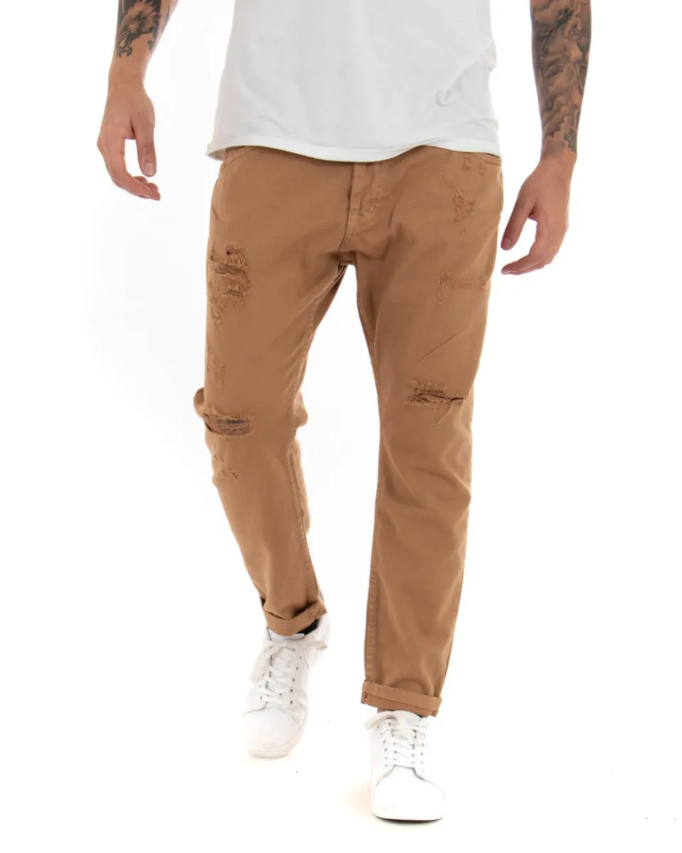 Pantaloni Jeans Uomo Loose Fit Camel Con Rotture Cinque Tasche Casual GIOSAL-P4088A