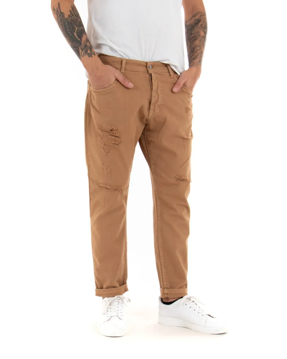 Pantaloni Jeans Uomo Loose Fit Camel Con Rotture Cinque Tasche Casual GIOSAL-P4088A