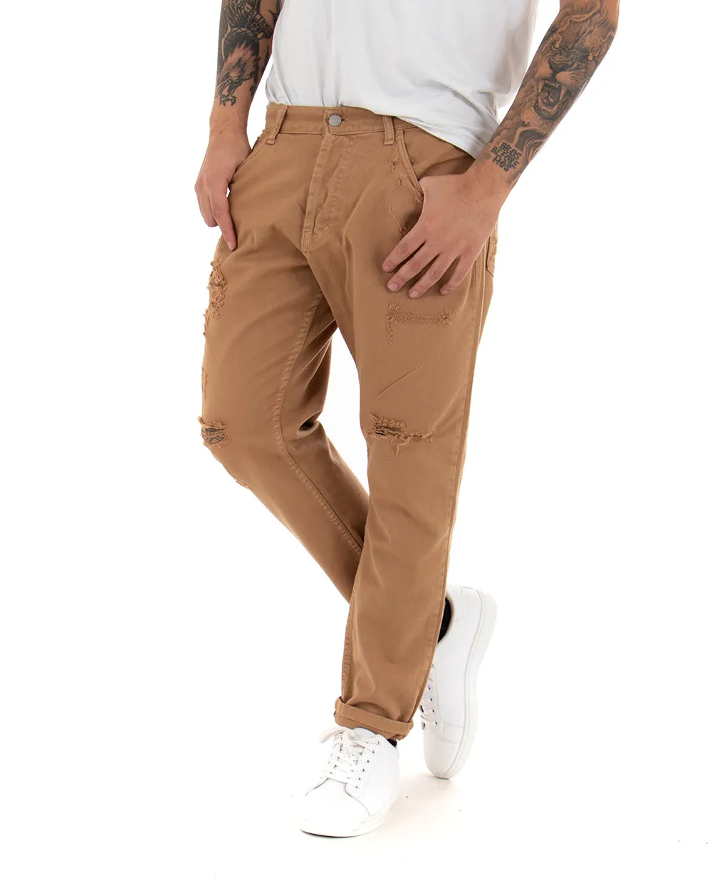 Pantaloni Jeans Uomo Loose Fit Camel Con Rotture Cinque Tasche Casual GIOSAL-P4088A