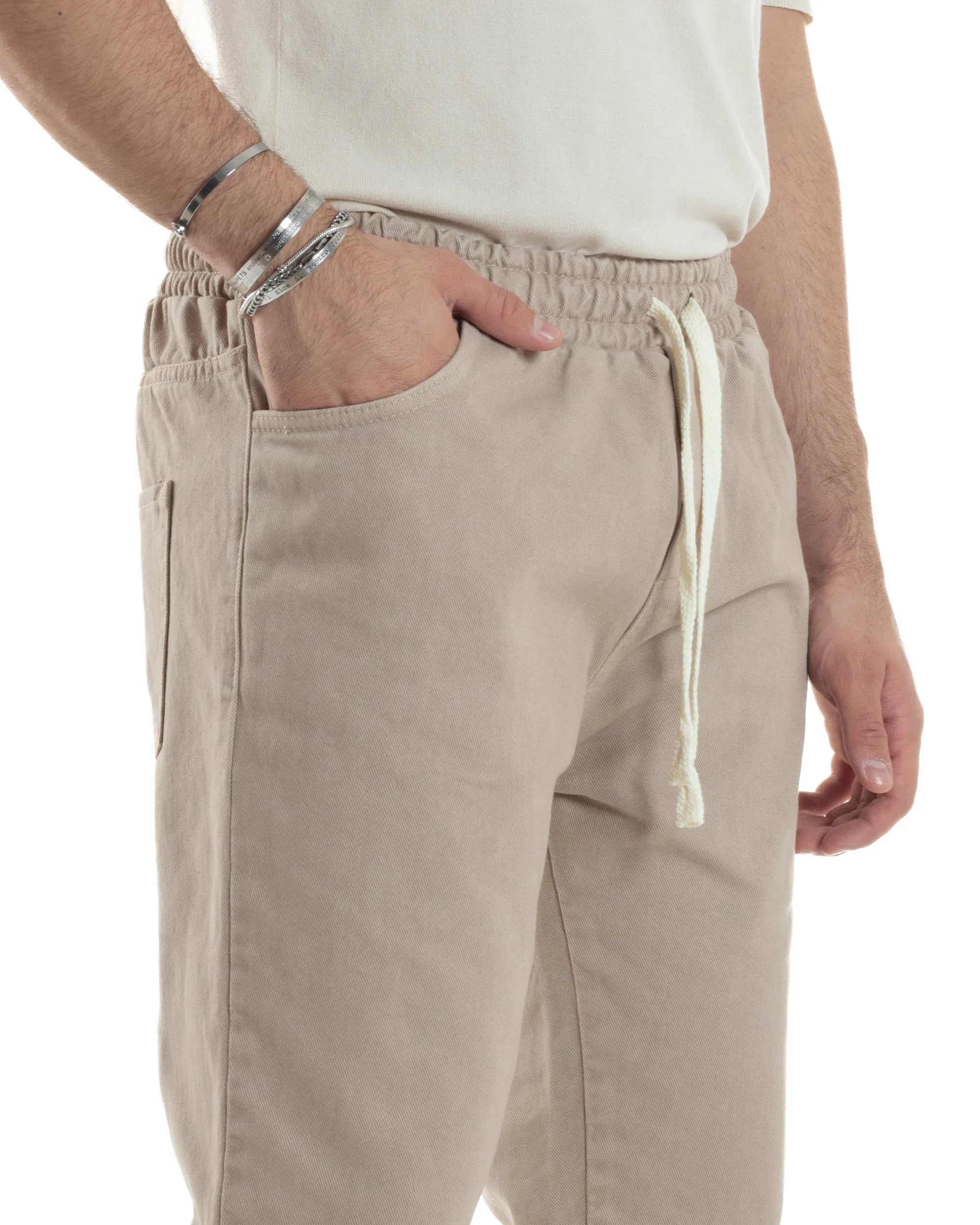 Pantaloni Jeans Uomo Regular Fit Pantalaccio Semplice Jogger Tinta Unita Beige GIOSAL-JS1027A