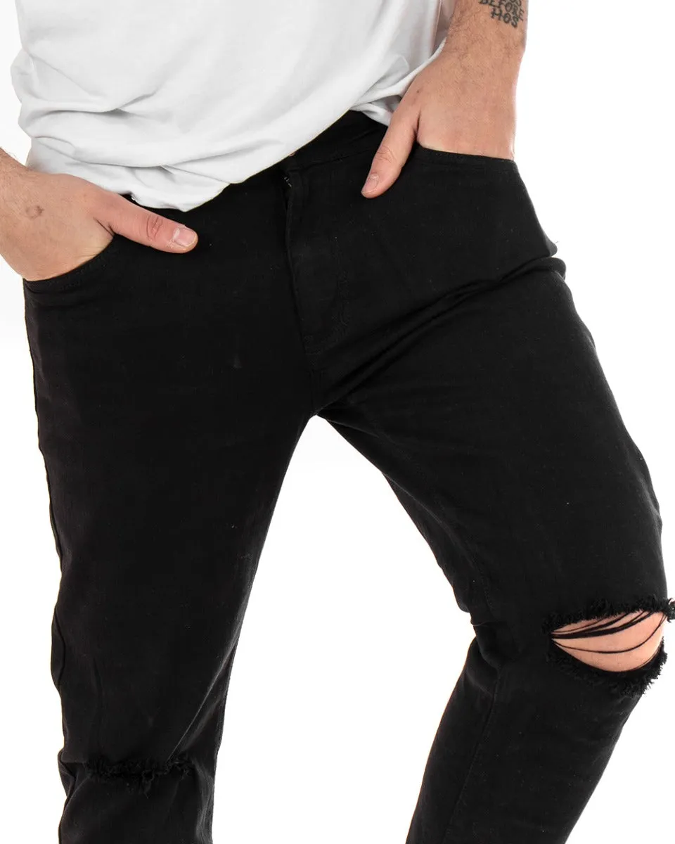 Pantaloni Jeans Uomo Slim Fit Nero Basic Con Taglio Al Ginocchio Cinque Tasche Casual GIOSAL-P5085A