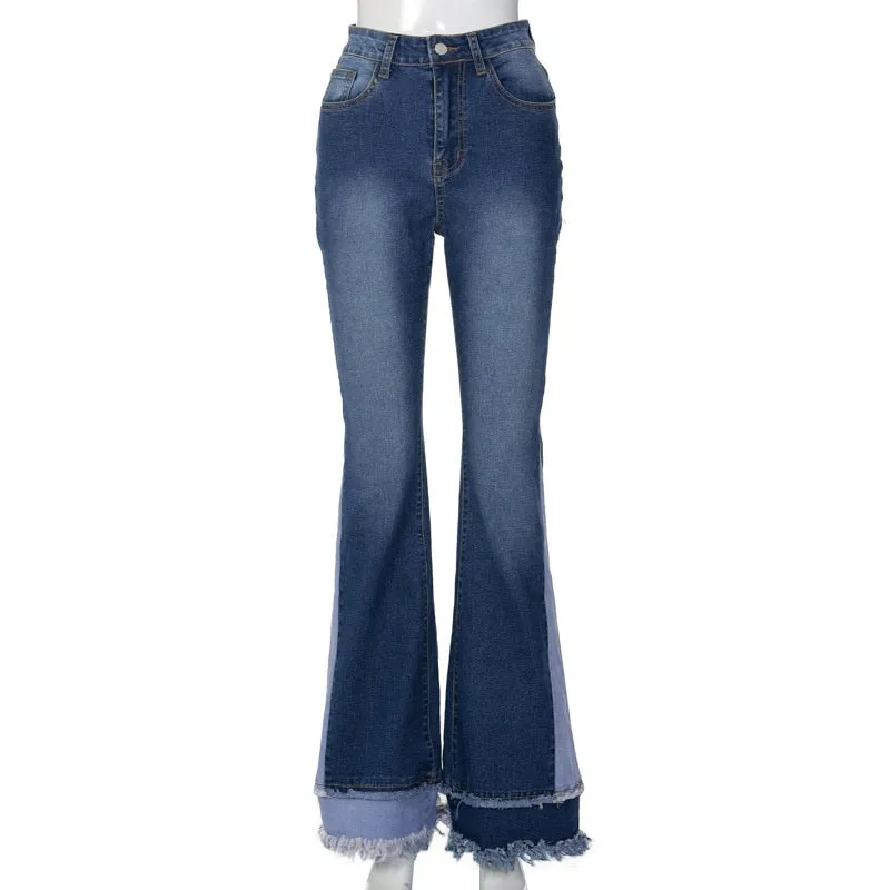 Patchwork Long Jeans Winter High Waist Slim Wide Leg Jeans