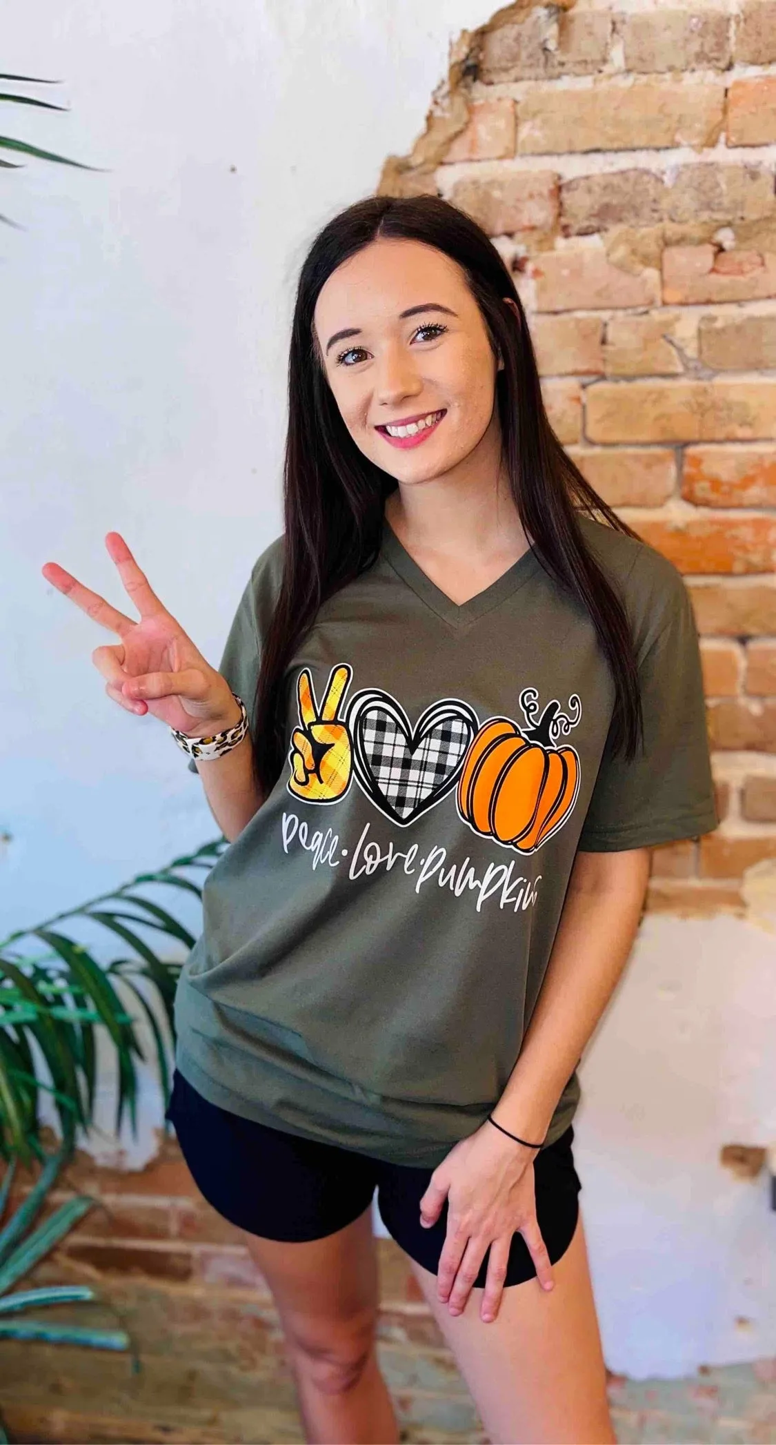 {PEACE LOVE PUMPKINS} Fall Combo Military Green V-Neck Tee