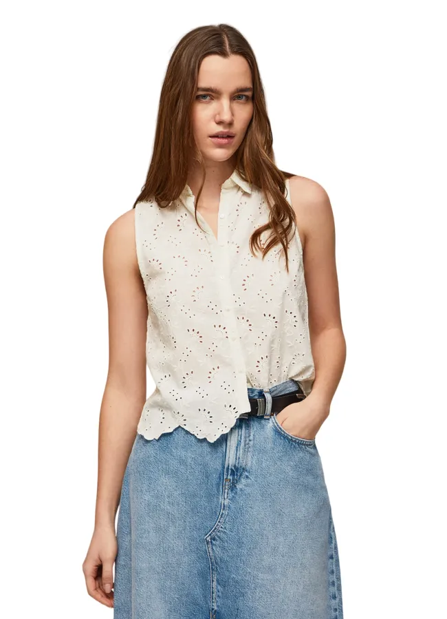 PepeJeans Eris perforated sleeveless women's shirt PL304553 800 white 