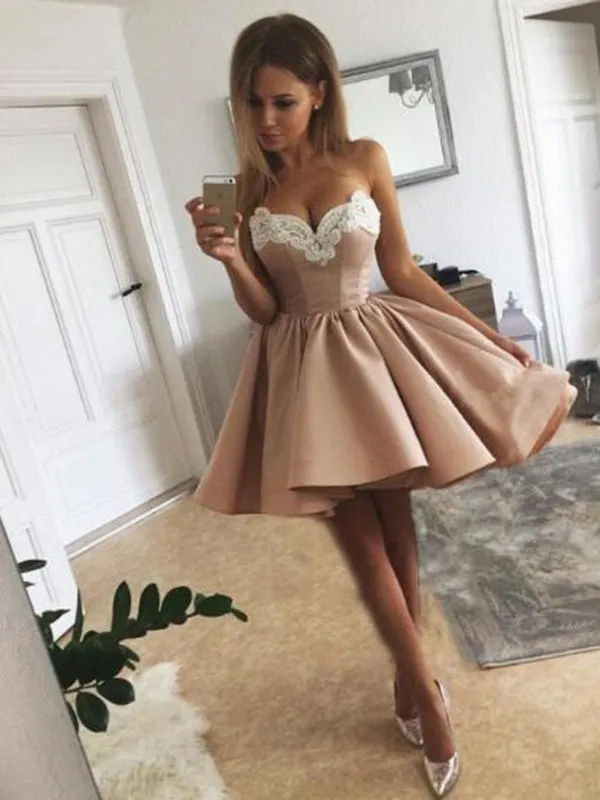 Pink Homecoming Dresses,  Prom Dresses Short, Nude Sweetheart Prom Dresses ER1076