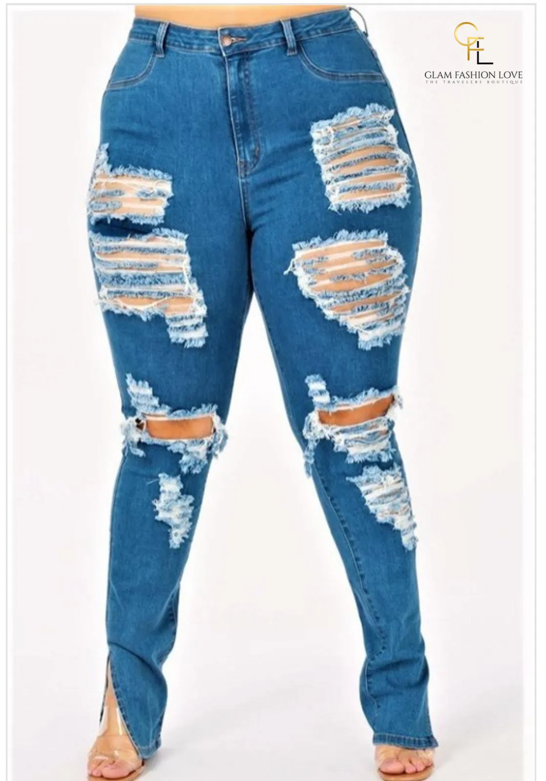 Ripped   size Slit Hem Jeans