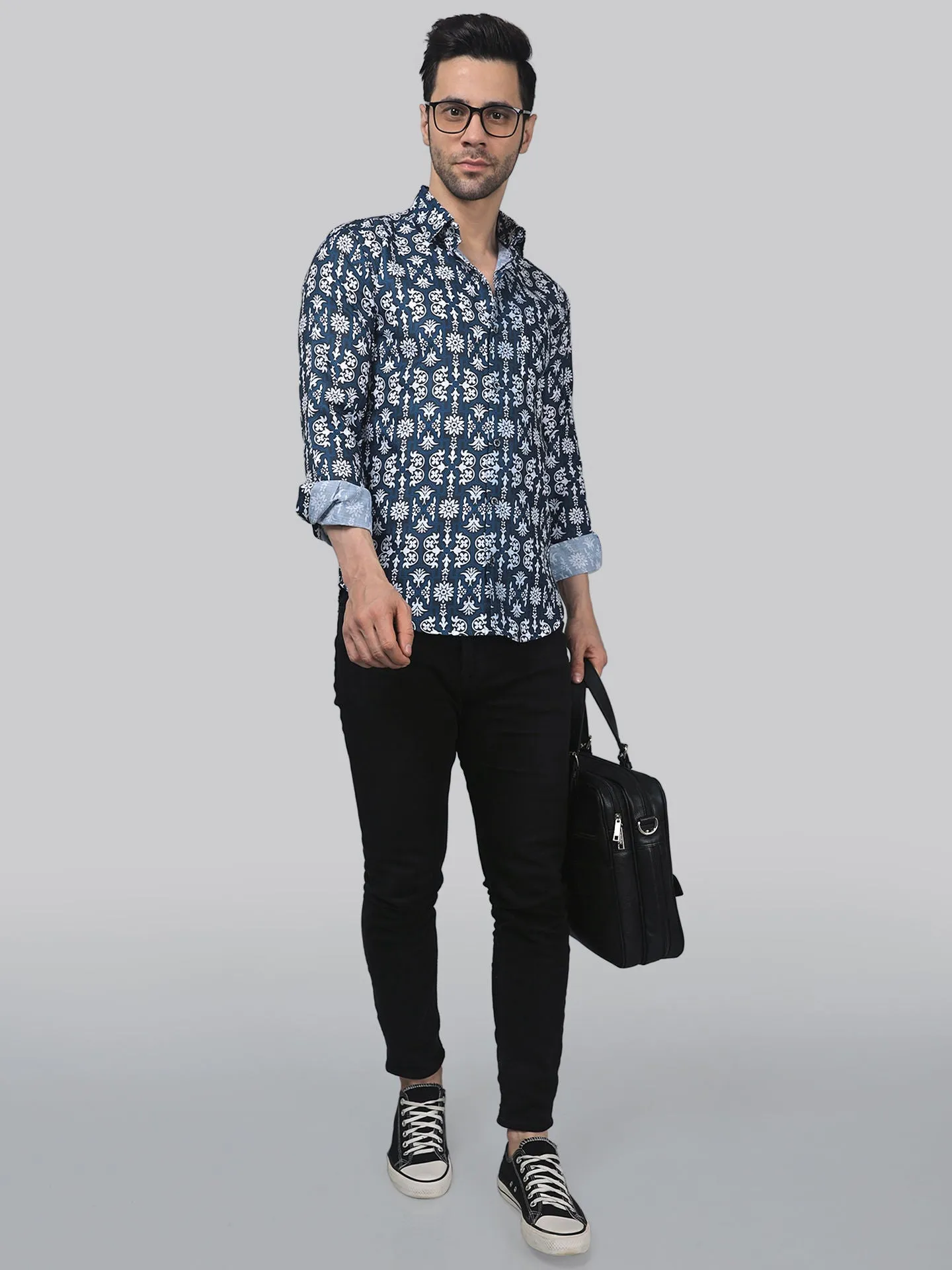 Serene Men's Printed Full Sleeve Cotton Button-Up Shirt For Men