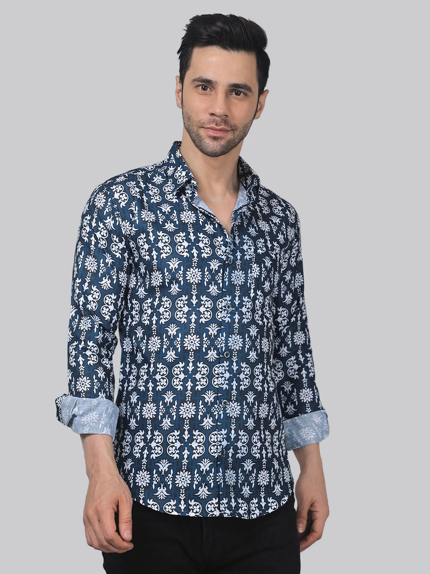 Serene Men's Printed Full Sleeve Cotton Button-Up Shirt For Men