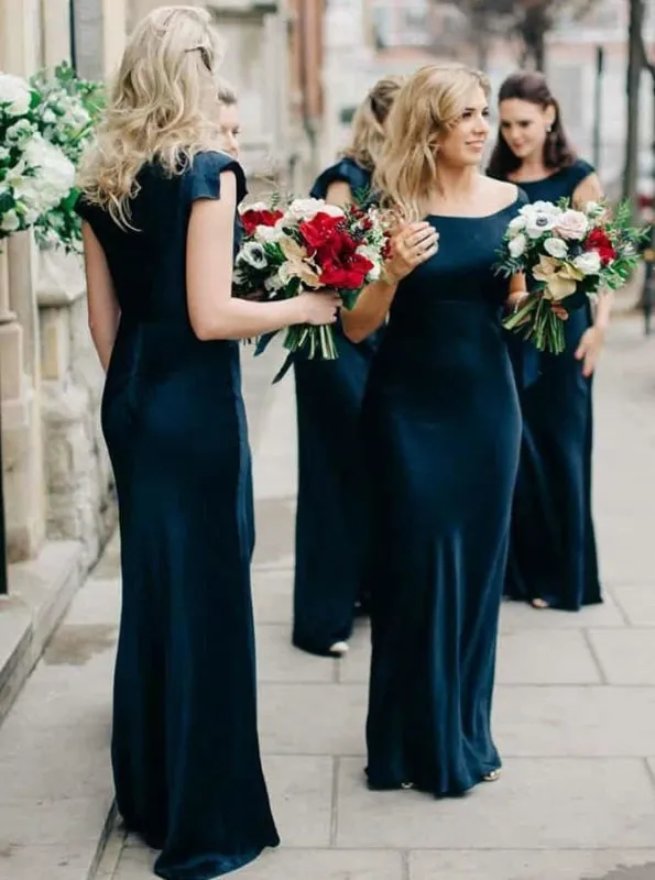 Sheath Sccop Sleeveless Navy Blue Satin Bridesmaid Dress