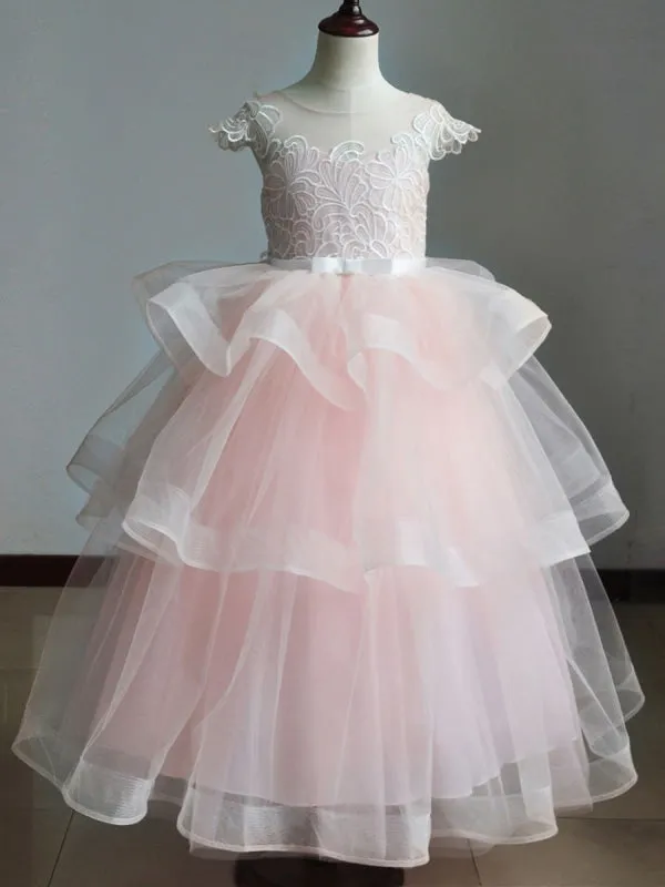 Short Sleeves Tiered Kids Pageant Dresses Flower Girl Dresses