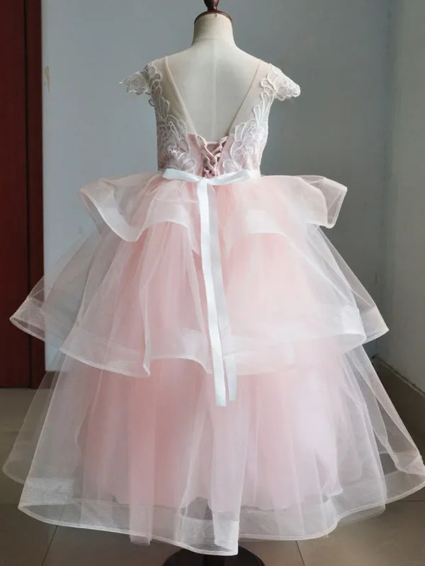 Short Sleeves Tiered Kids Pageant Dresses Flower Girl Dresses