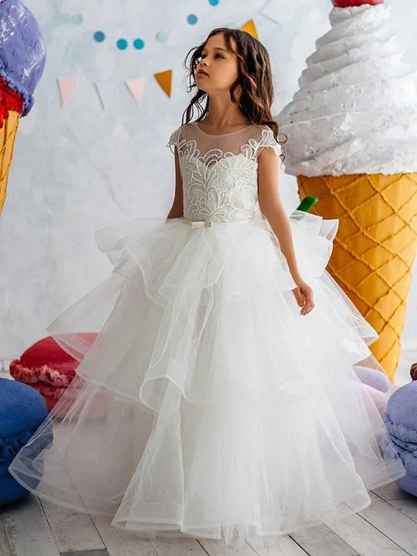 Short Sleeves Tiered Kids Pageant Dresses Flower Girl Dresses