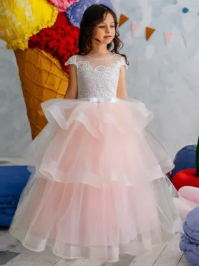 Short Sleeves Tiered Kids Pageant Dresses Flower Girl Dresses