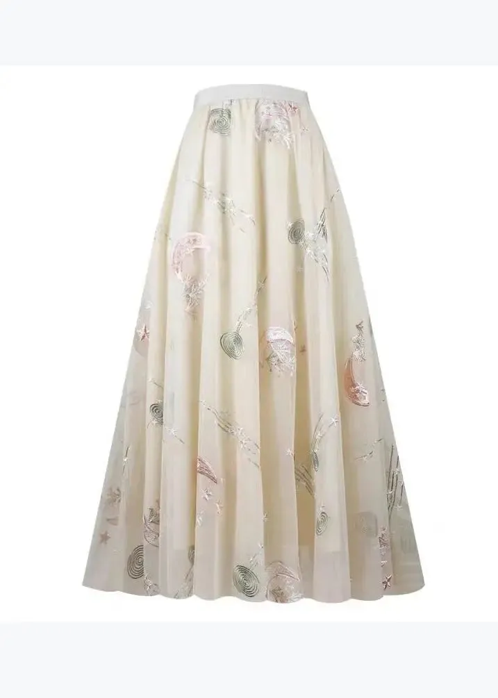 Stylish Apricot Embroidered High Waist Tulle Skirts Spring HA1017