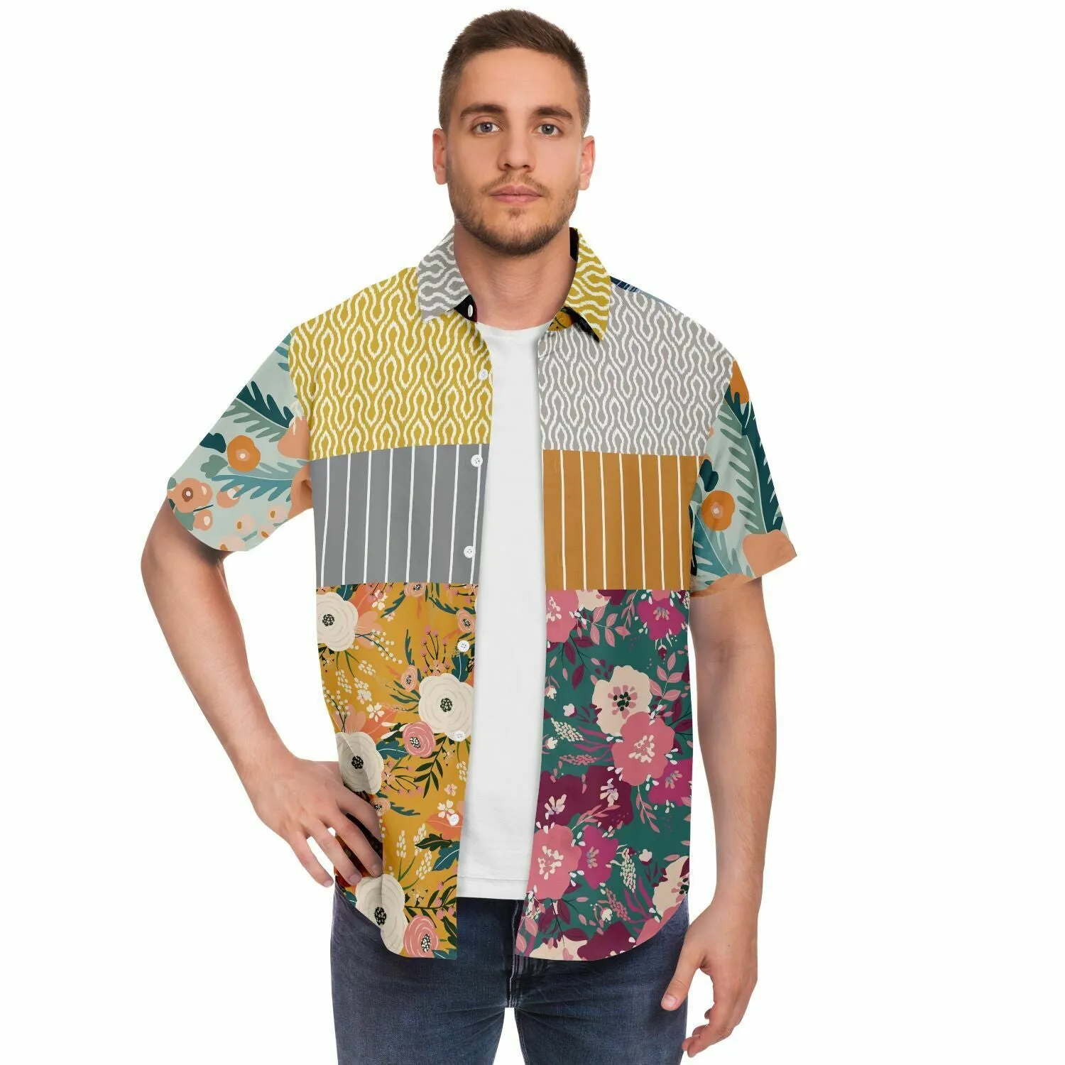 Tallulah Bankhead Floral Ikat Patchwork Short Sleeve Button Down Shirt