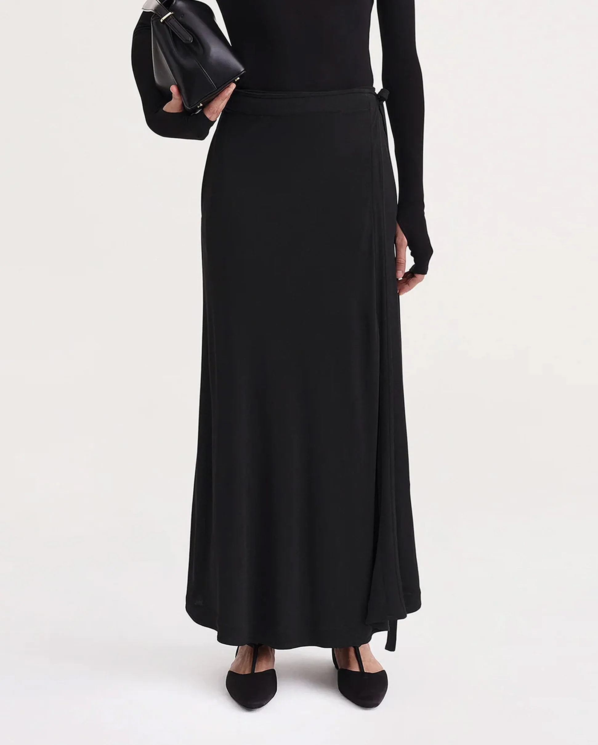 TIE-WAIST WRAP SKIRT / BLACK