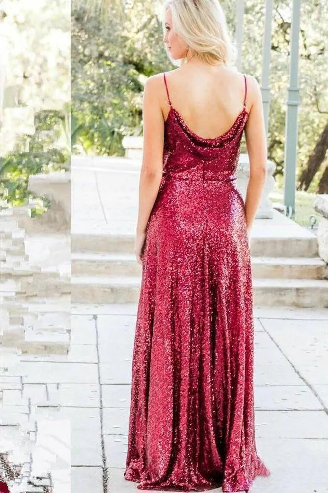 Vintage Burgundy Sequins Backless Long Prom Dresses Bridesmaid Dresses