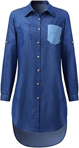 Women's Long Sleeve Jean Blouse Dress Button Down Denim Shirt Dresses with Pockets S4224368